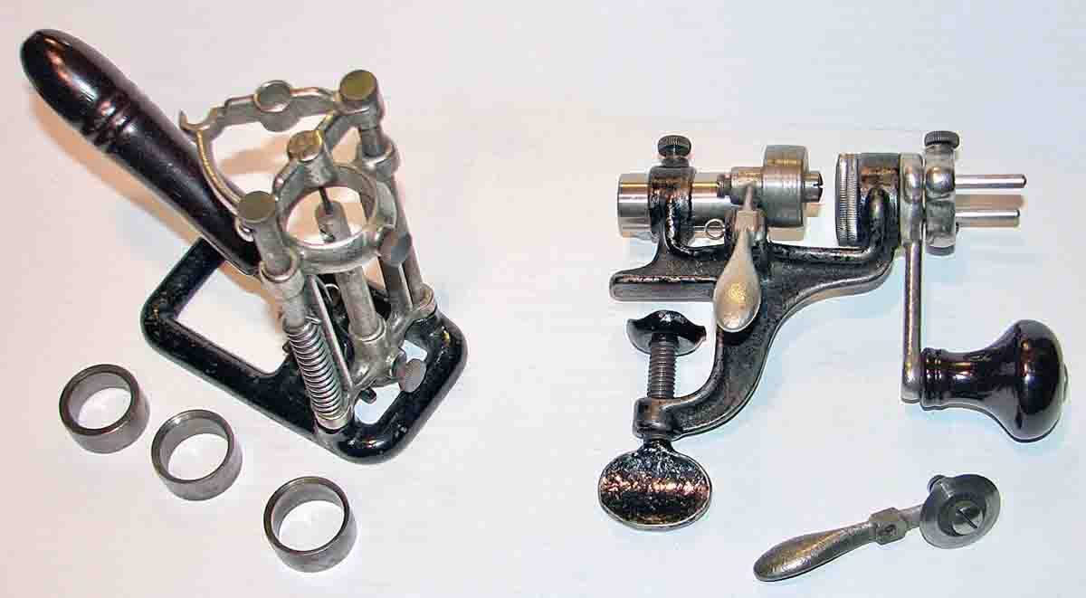 Straightline Re & Decapper on left with shell bushings for different gauges. Shell Trimmer on the right – note the ironing attachment installed.